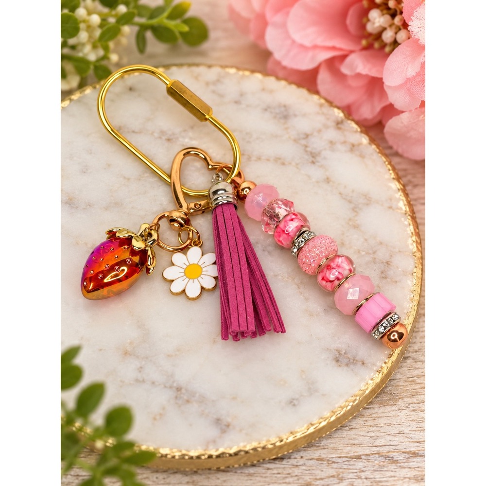 Handmade Pink Strawberry Daisy Beaded Keychain Tassel Gold Carabiner Accessory C
